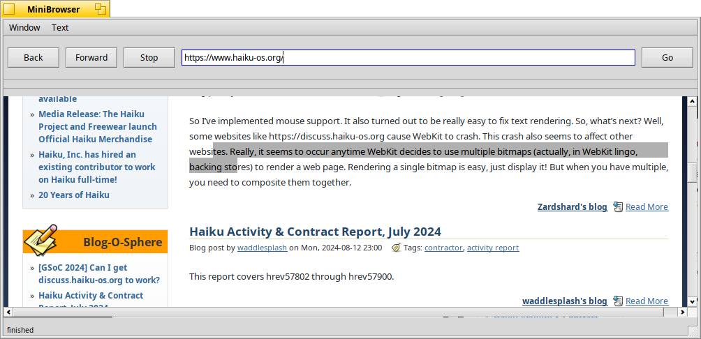 Screenshot of discuss.haiku-os.org. The page is scrolled down and some text is selected. Text is being displayed properly.